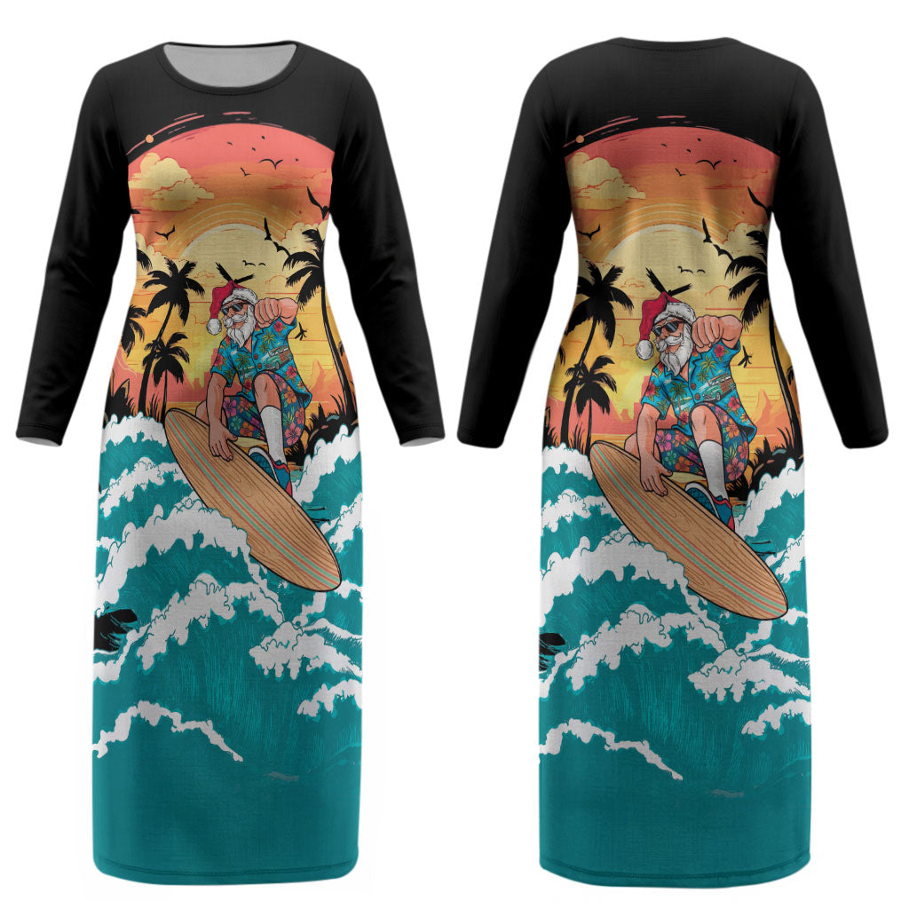 Vintage Santa Claus Surfing Summer Couples Matching Long Sleeve Bodycon Dress and Hawaiian Shirt Mele Kalikimaka i Iulai! LT9 - Polynesian Pride