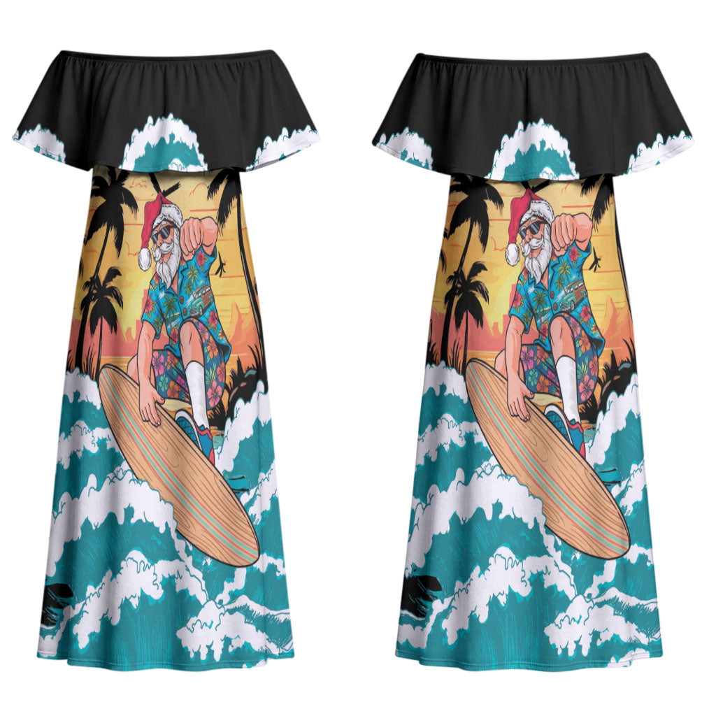 Vintage Santa Claus Surfing Summer Couples Matching Off Shoulder Maxi Dress and Hawaiian Shirt Mele Kalikimaka i Iulai! LT9 - Polynesian Pride