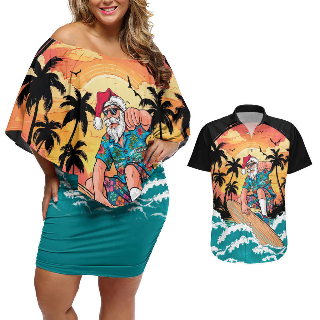Vintage Santa Claus Surfing Summer Couples Matching Off Shoulder Short Dress and Hawaiian Shirt Mele Kalikimaka i Iulai!