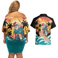 Vintage Santa Claus Surfing Summer Couples Matching Off Shoulder Short Dress and Hawaiian Shirt Mele Kalikimaka i Iulai!
