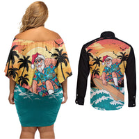 Vintage Santa Claus Surfing Summer Couples Matching Off Shoulder Short Dress and Long Sleeve Button Shirt Mele Kalikimaka i Iulai!