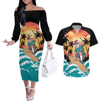 Vintage Santa Claus Surfing Summer Couples Matching Off The Shoulder Long Sleeve Dress and Hawaiian Shirt Mele Kalikimaka i Iulai!