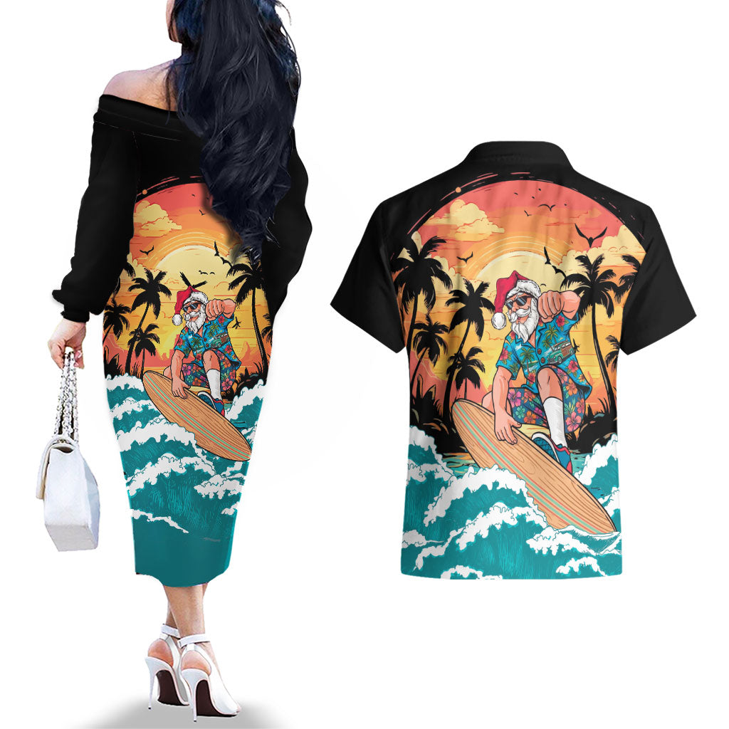 Vintage Santa Claus Surfing Summer Couples Matching Off The Shoulder Long Sleeve Dress and Hawaiian Shirt Mele Kalikimaka i Iulai!