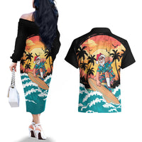 Vintage Santa Claus Surfing Summer Couples Matching Off The Shoulder Long Sleeve Dress and Hawaiian Shirt Mele Kalikimaka i Iulai!