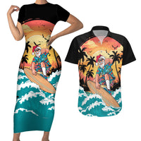 Vintage Santa Claus Surfing Summer Couples Matching Short Sleeve Bodycon Dress and Hawaiian Shirt Mele Kalikimaka i Iulai!