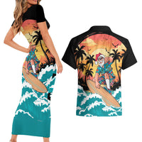 Vintage Santa Claus Surfing Summer Couples Matching Short Sleeve Bodycon Dress and Hawaiian Shirt Mele Kalikimaka i Iulai!