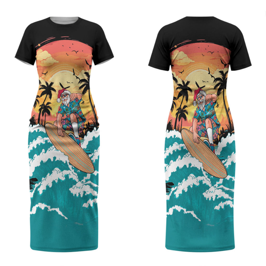 Vintage Santa Claus Surfing Summer Couples Matching Short Sleeve Bodycon Dress and Hawaiian Shirt Mele Kalikimaka i Iulai! LT9 - Polynesian Pride