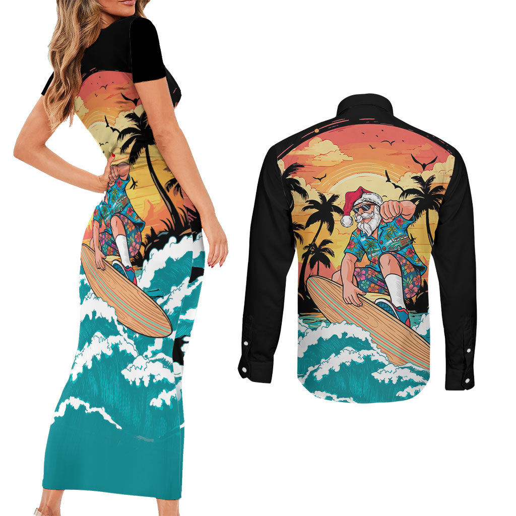 Vintage Santa Claus Surfing Summer Couples Matching Short Sleeve Bodycon Dress and Long Sleeve Button Shirt Mele Kalikimaka i Iulai!