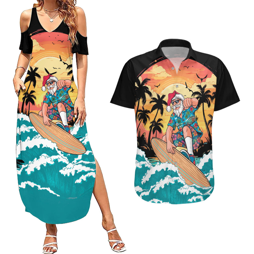 Vintage Santa Claus Surfing Summer Couples Matching Summer Maxi Dress and Hawaiian Shirt Mele Kalikimaka i Iulai!