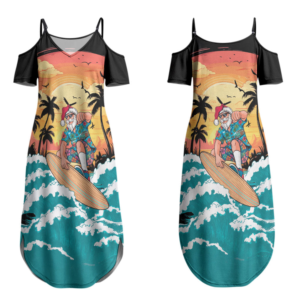 Vintage Santa Claus Surfing Summer Couples Matching Summer Maxi Dress and Hawaiian Shirt Mele Kalikimaka i Iulai! LT9 - Polynesian Pride