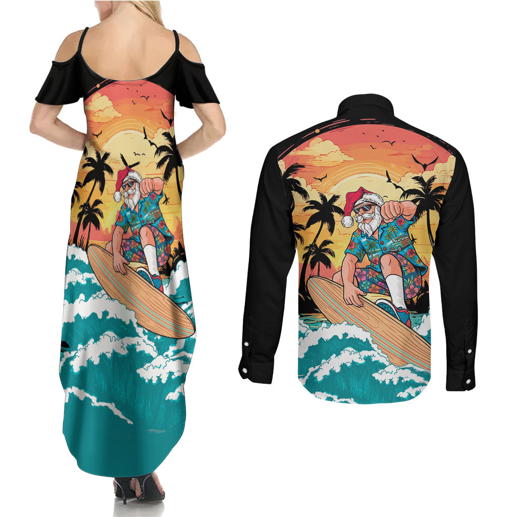 Vintage Santa Claus Surfing Summer Couples Matching Summer Maxi Dress and Long Sleeve Button Shirt Mele Kalikimaka i Iulai!