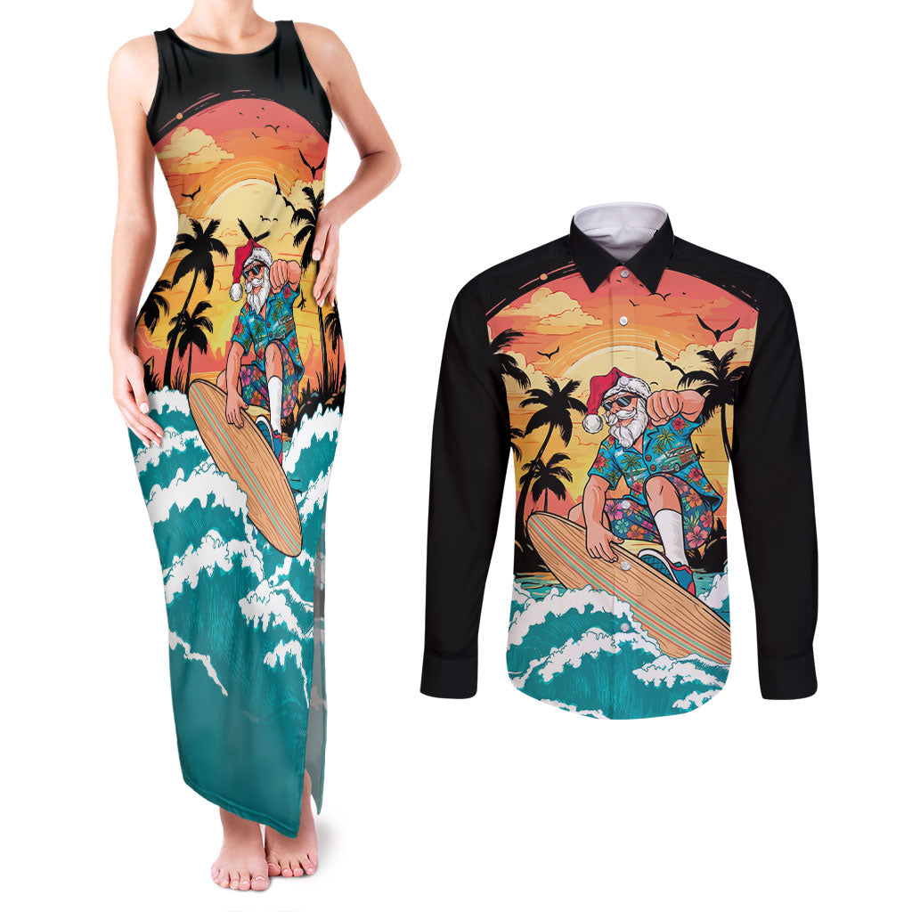 Vintage Santa Claus Surfing Summer Couples Matching Tank Maxi Dress and Long Sleeve Button Shirt Mele Kalikimaka i Iulai!
