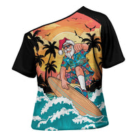 Vintage Santa Claus Surfing Summer Cross Shoulder Shirt Mele Kalikimaka i Iulai!