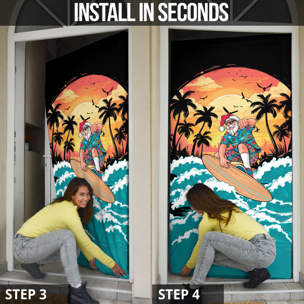 Vintage Santa Claus Surfing Summer Door Cover Mele Kalikimaka i Iulai!