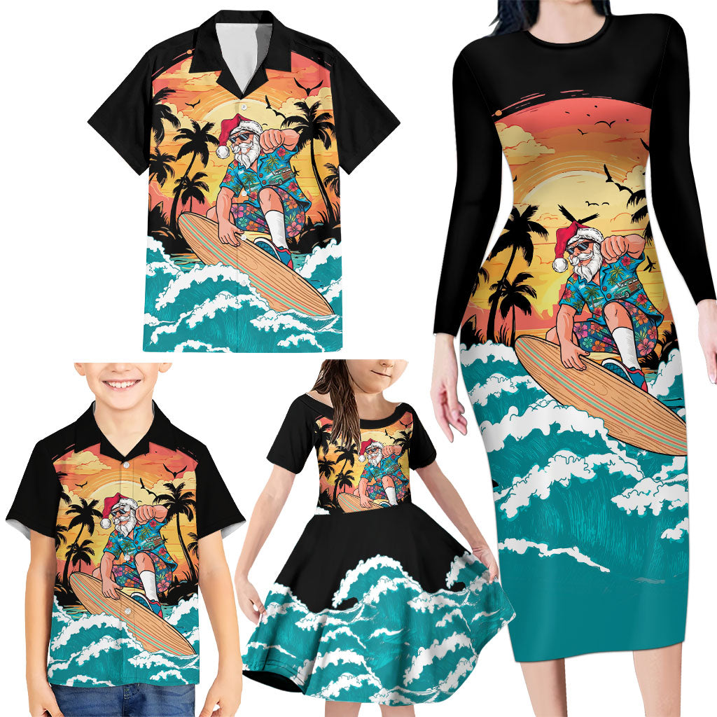 Vintage Santa Claus Surfing Summer Family Matching Long Sleeve Bodycon Dress and Hawaiian Shirt Mele Kalikimaka i Iulai!