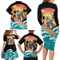 Vintage Santa Claus Surfing Summer Family Matching Long Sleeve Bodycon Dress and Hawaiian Shirt Mele Kalikimaka i Iulai!
