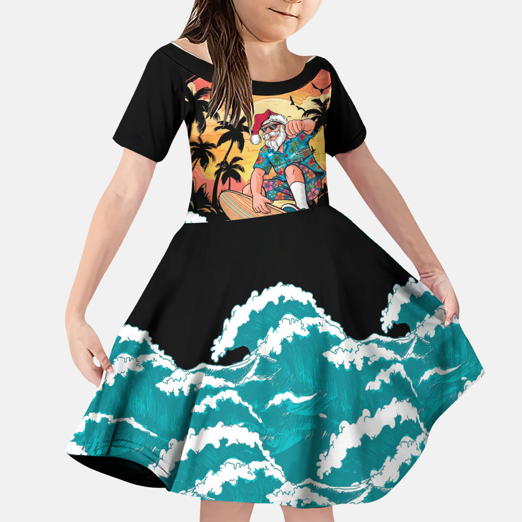 Vintage Santa Claus Surfing Summer Family Matching Mermaid Dress and Hawaiian Shirt Mele Kalikimaka i Iulai!