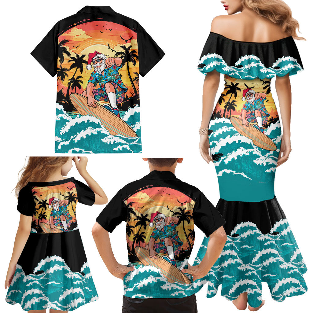 Vintage Santa Claus Surfing Summer Family Matching Mermaid Dress and Hawaiian Shirt Mele Kalikimaka i Iulai!