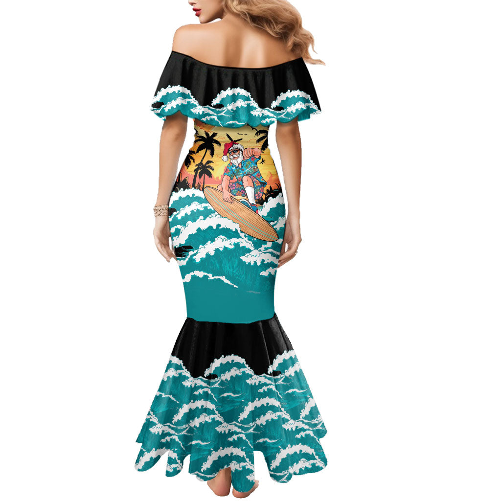 Vintage Santa Claus Surfing Summer Family Matching Mermaid Dress and Hawaiian Shirt Mele Kalikimaka i Iulai!