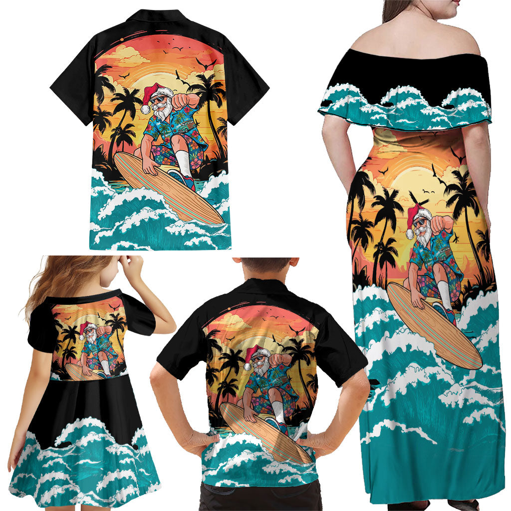 Vintage Santa Claus Surfing Summer Family Matching Off Shoulder Maxi Dress and Hawaiian Shirt Mele Kalikimaka i Iulai!