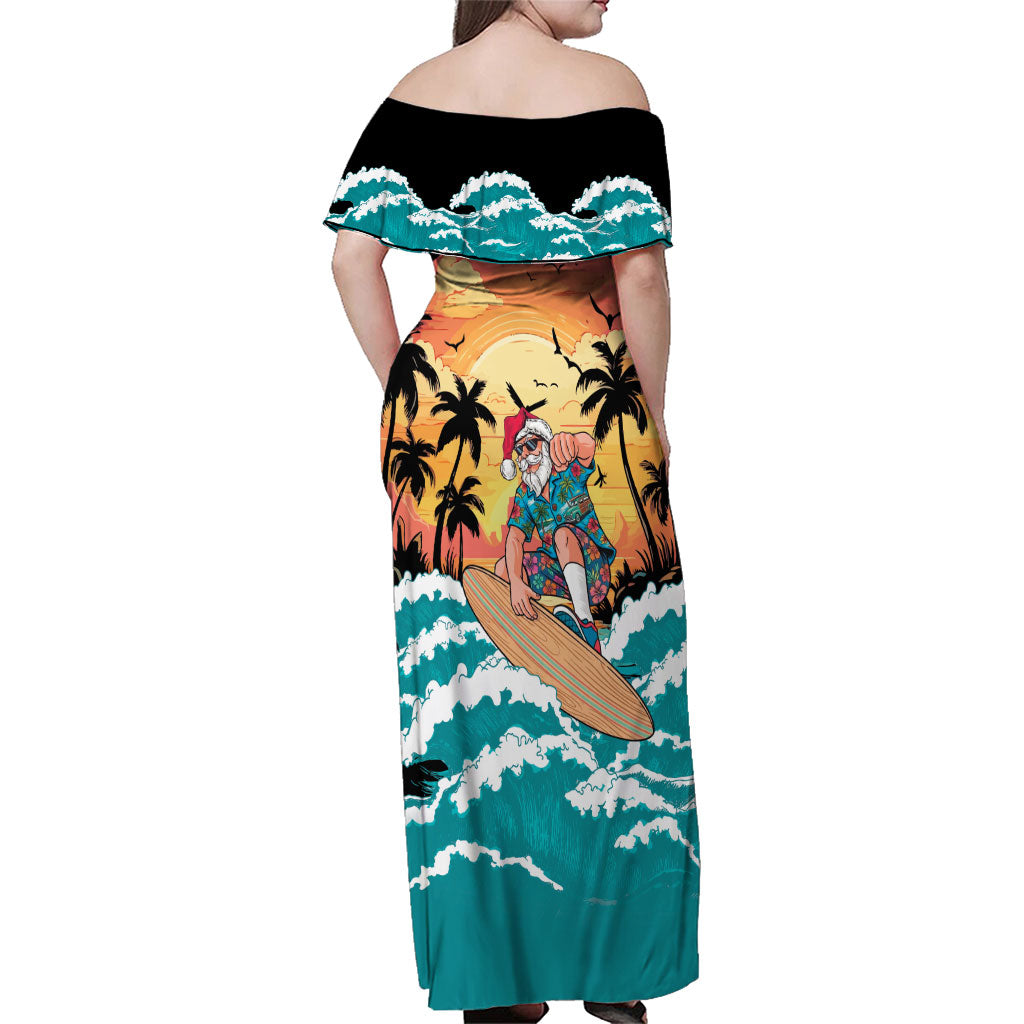 Vintage Santa Claus Surfing Summer Family Matching Off Shoulder Maxi Dress and Hawaiian Shirt Mele Kalikimaka i Iulai!