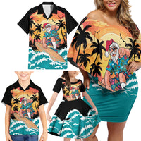 Vintage Santa Claus Surfing Summer Family Matching Off Shoulder Short Dress and Hawaiian Shirt Mele Kalikimaka i Iulai!