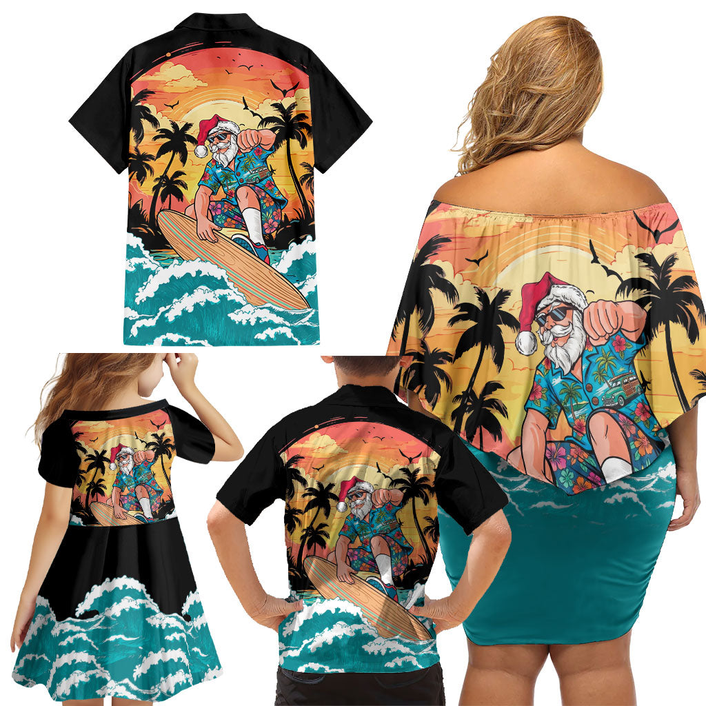 Vintage Santa Claus Surfing Summer Family Matching Off Shoulder Short Dress and Hawaiian Shirt Mele Kalikimaka i Iulai!