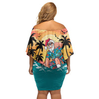 Vintage Santa Claus Surfing Summer Family Matching Off Shoulder Short Dress and Hawaiian Shirt Mele Kalikimaka i Iulai!