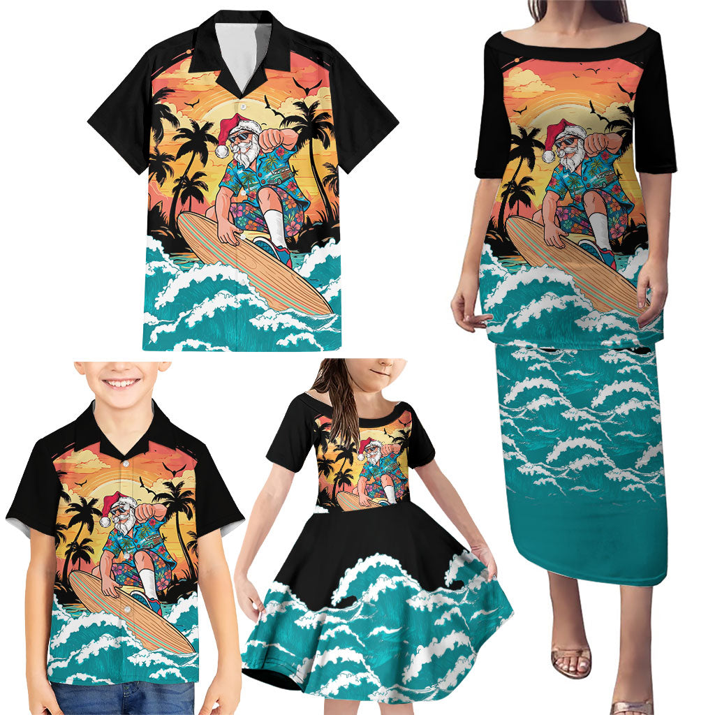 Vintage Santa Claus Surfing Summer Family Matching Puletasi and Hawaiian Shirt Mele Kalikimaka i Iulai!
