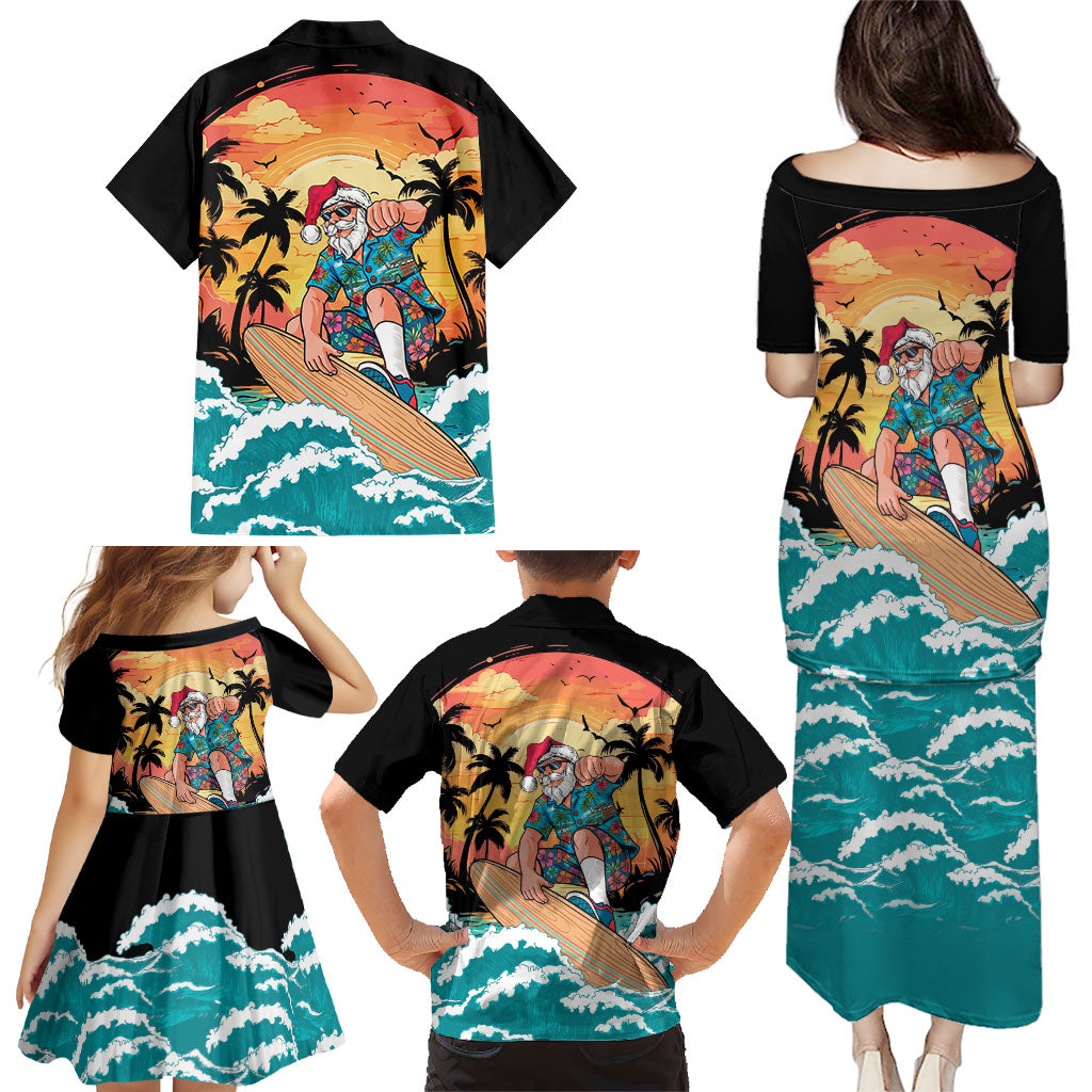 Vintage Santa Claus Surfing Summer Family Matching Puletasi and Hawaiian Shirt Mele Kalikimaka i Iulai!