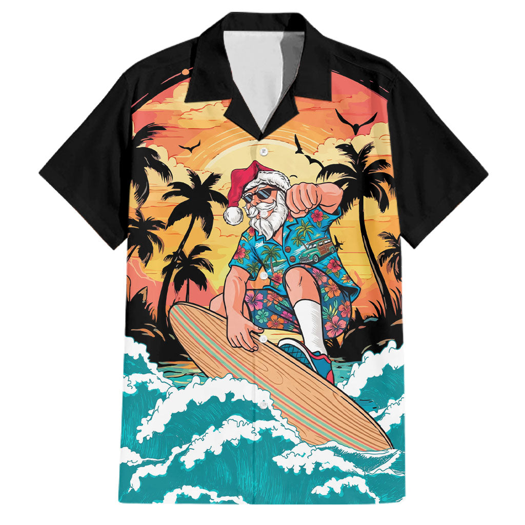 Vintage Santa Claus Surfing Summer Family Matching Short Sleeve Bodycon Dress and Hawaiian Shirt Mele Kalikimaka i Iulai!