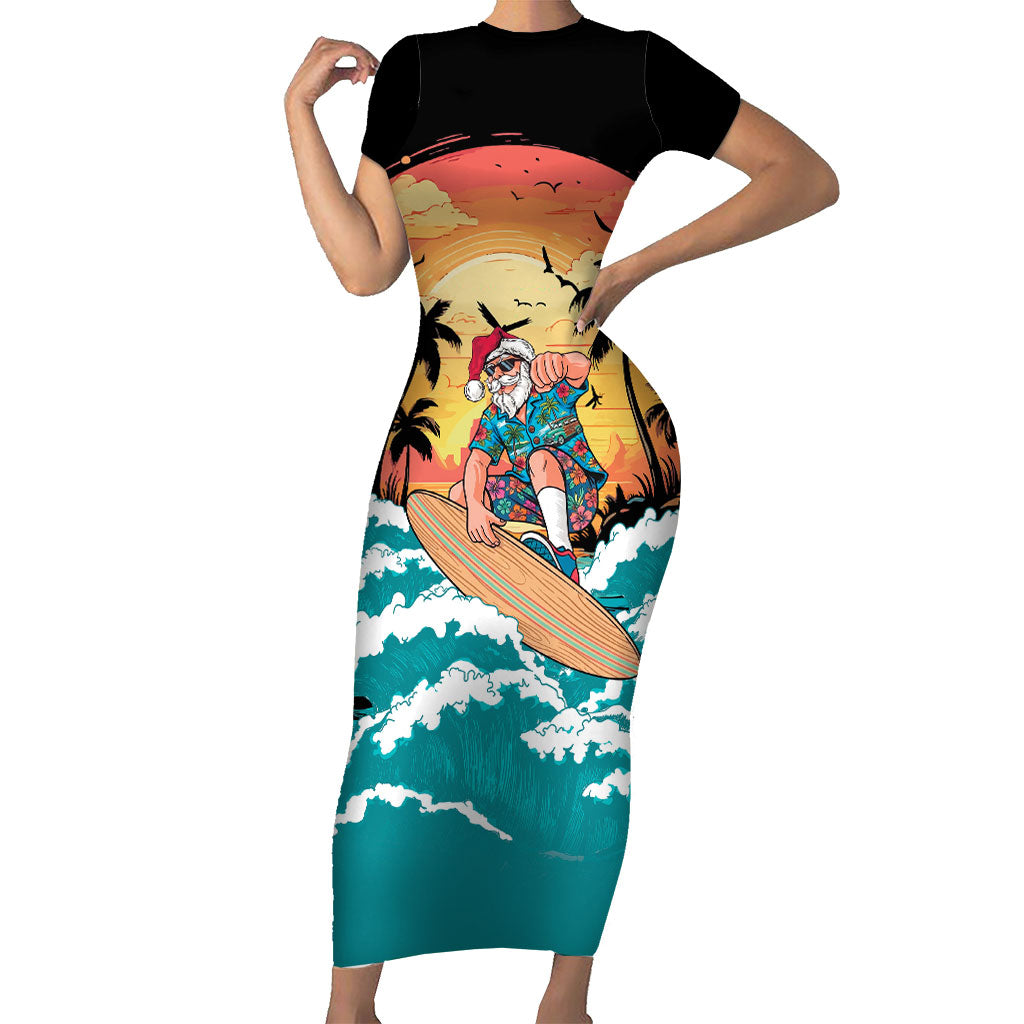 Vintage Santa Claus Surfing Summer Family Matching Short Sleeve Bodycon Dress and Hawaiian Shirt Mele Kalikimaka i Iulai!