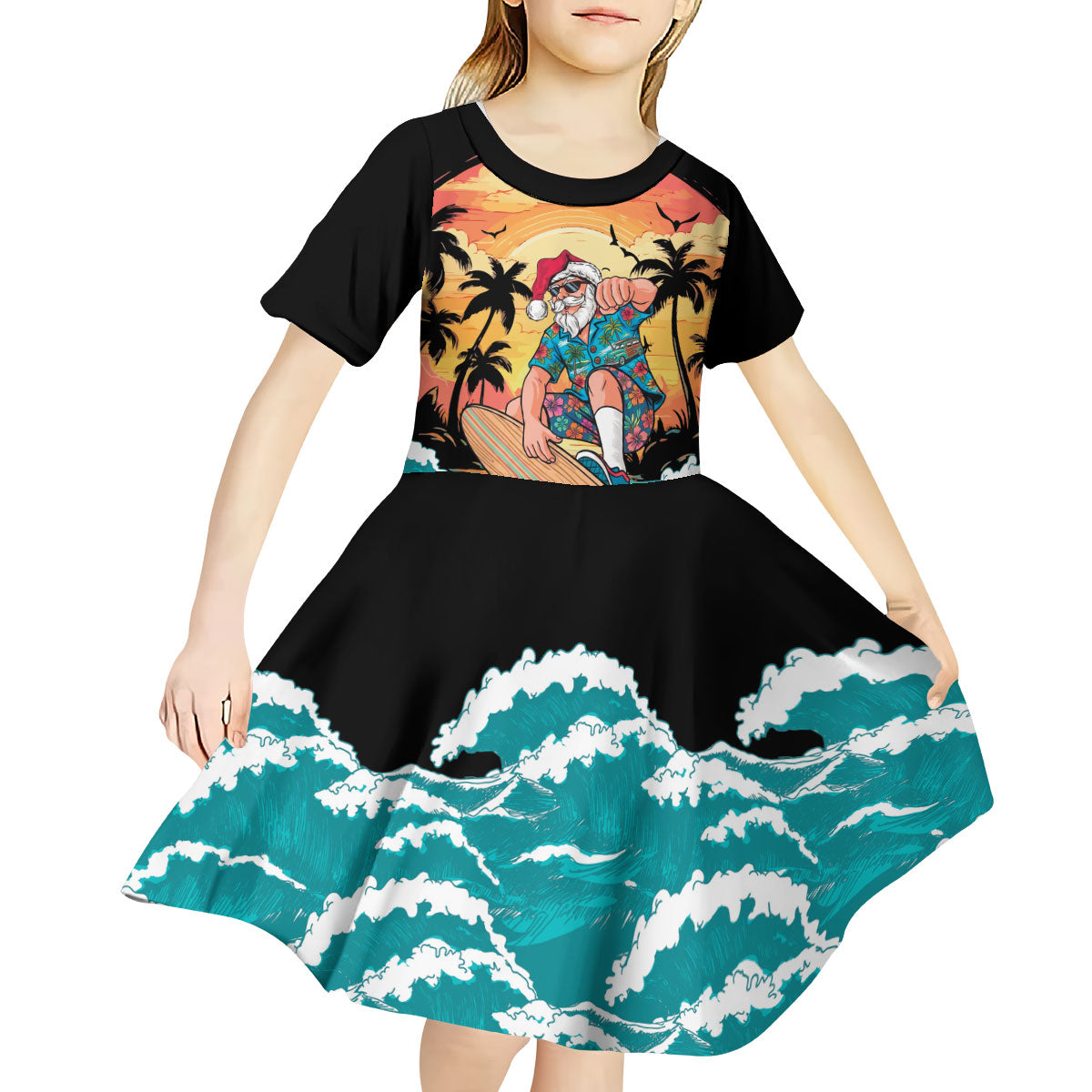 Vintage Santa Claus Surfing Summer Kid Short Sleeve Dress Mele Kalikimaka i Iulai!