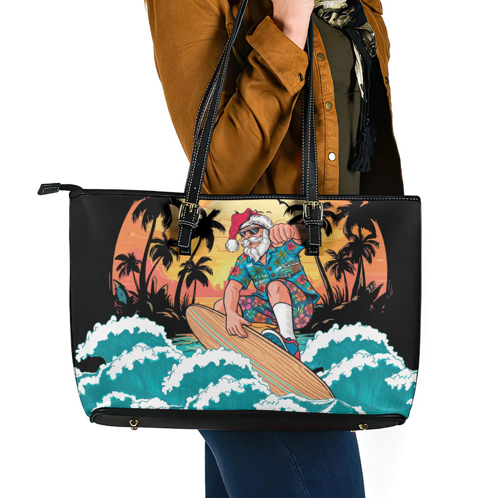 Vintage Santa Claus Surfing Summer Leather Tote Bag Mele Kalikimaka i Iulai!