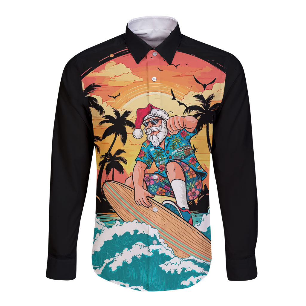 Vintage Santa Claus Surfing Summer Long Sleeve Button Shirt Mele Kalikimaka i Iulai!