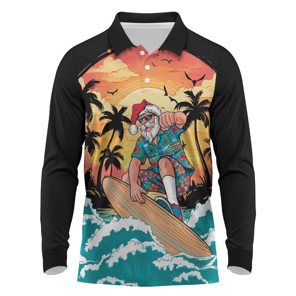 Vintage Santa Claus Surfing Summer Long Sleeve Polo Shirt Mele Kalikimaka i Iulai!