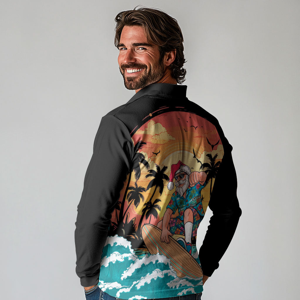Vintage Santa Claus Surfing Summer Long Sleeve Polo Shirt Mele Kalikimaka i Iulai!