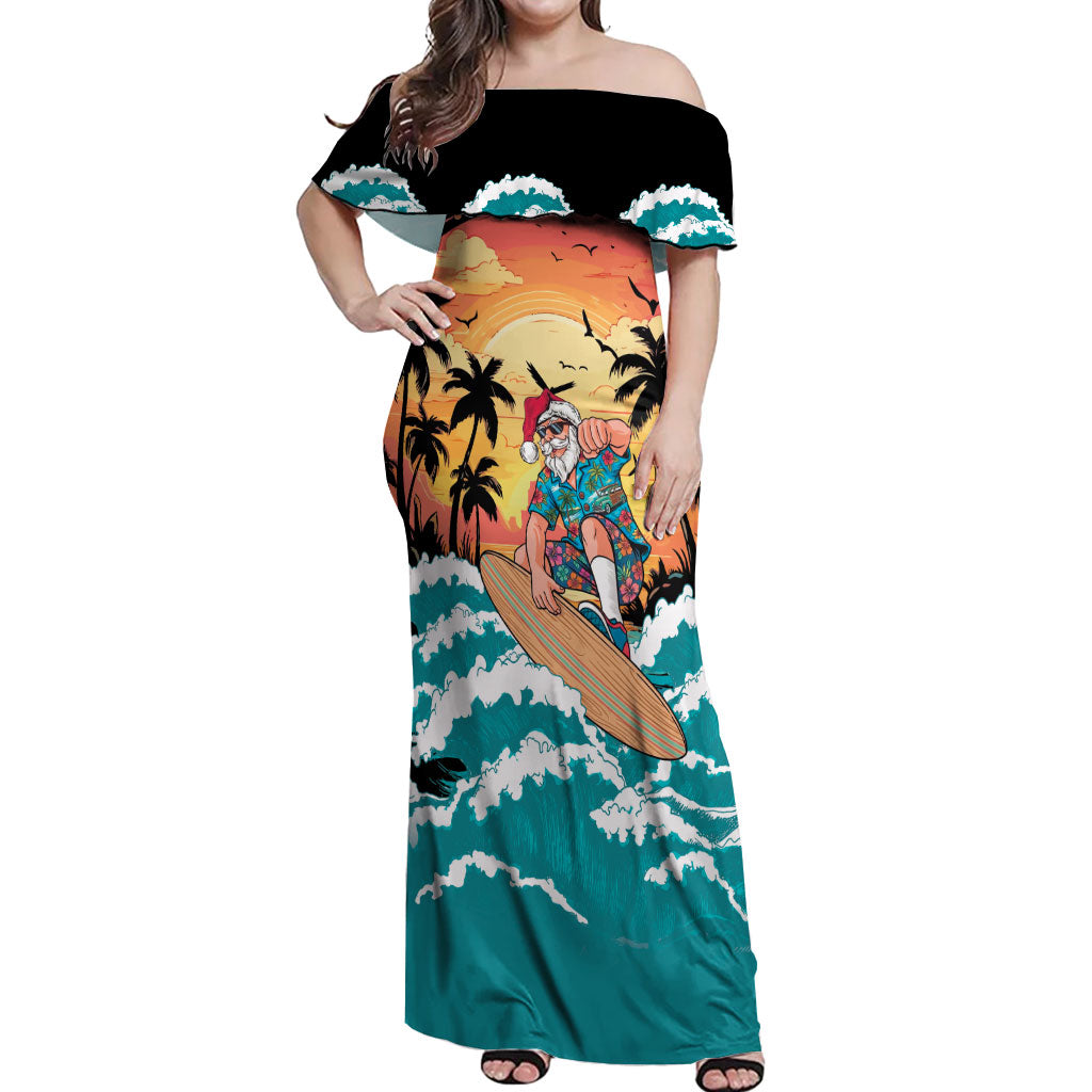 Vintage Santa Claus Surfing Summer Off Shoulder Maxi Dress Mele Kalikimaka i Iulai!