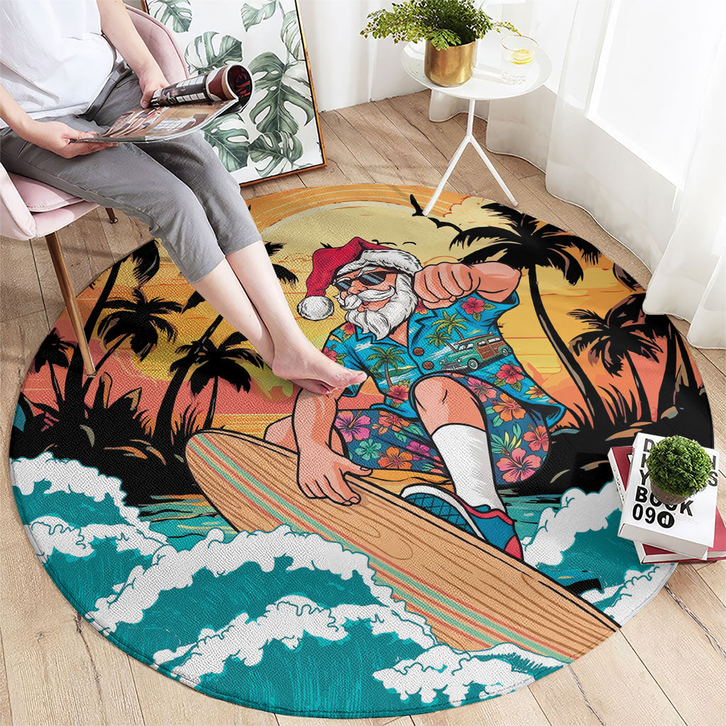 Vintage Santa Claus Surfing Summer Round Carpet Mele Kalikimaka i Iulai!