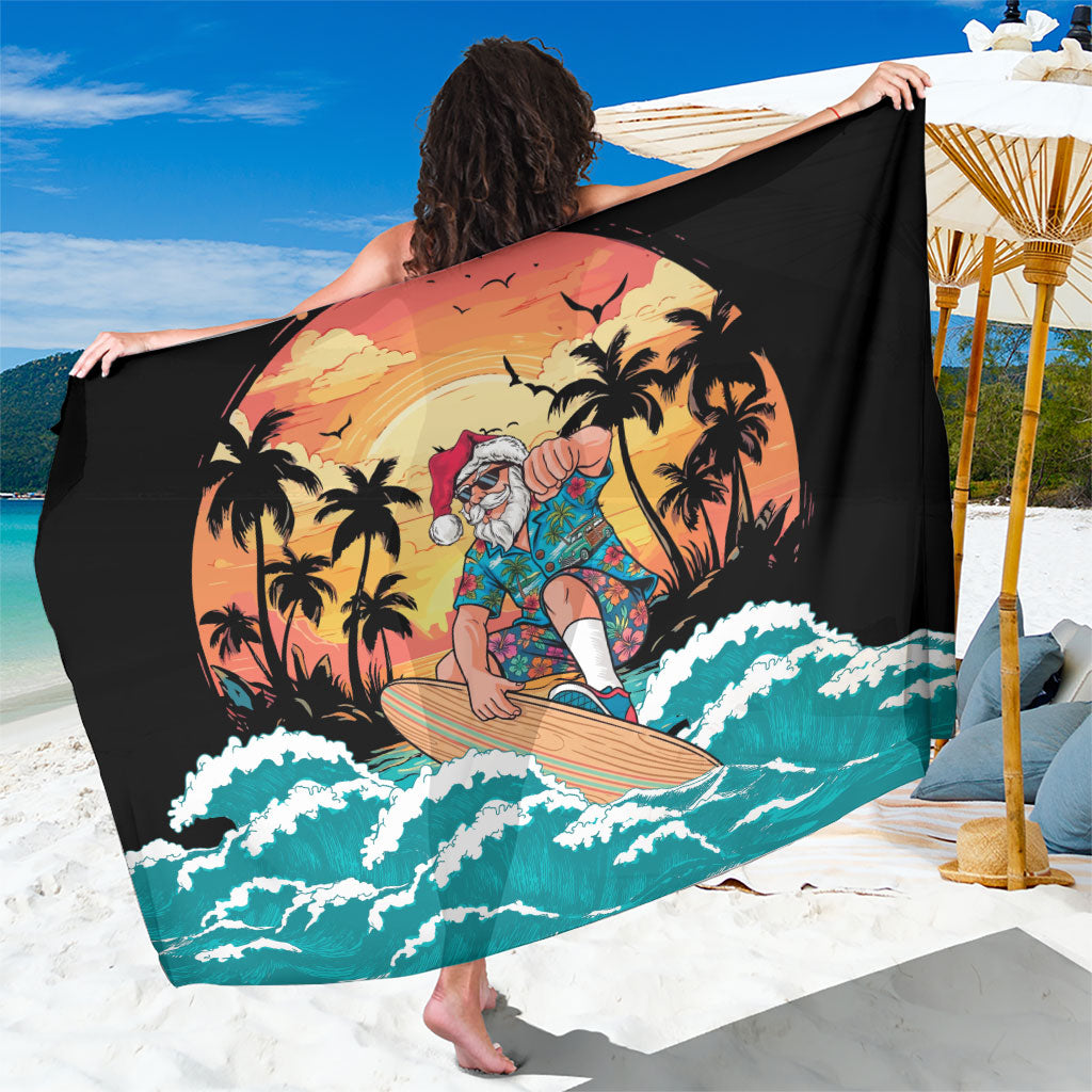 Vintage Santa Claus Surfing Summer Sarong Mele Kalikimaka i Iulai! LT9 One Size 44 x 66 inches Black - Polynesian Pride