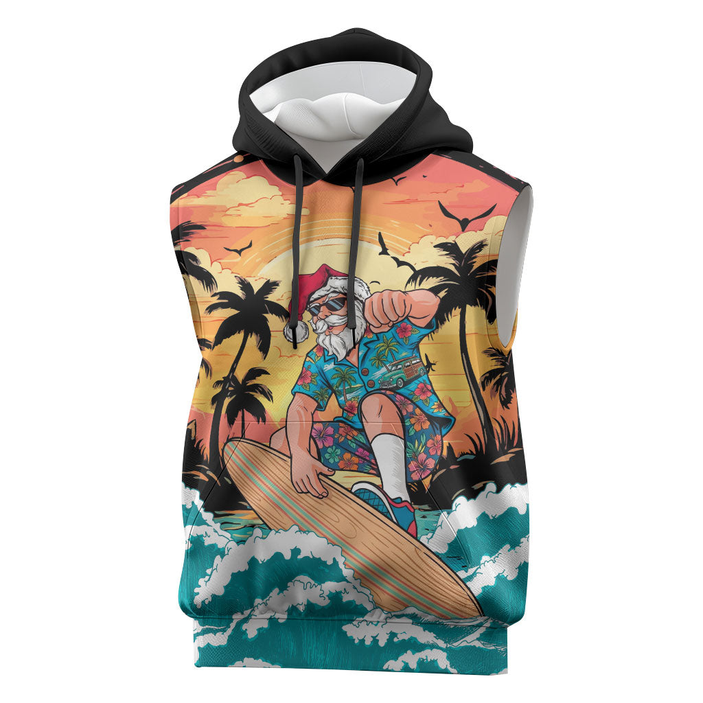 Vintage Santa Claus Surfing Summer Sleeveless Hoodie Mele Kalikimaka i Iulai!