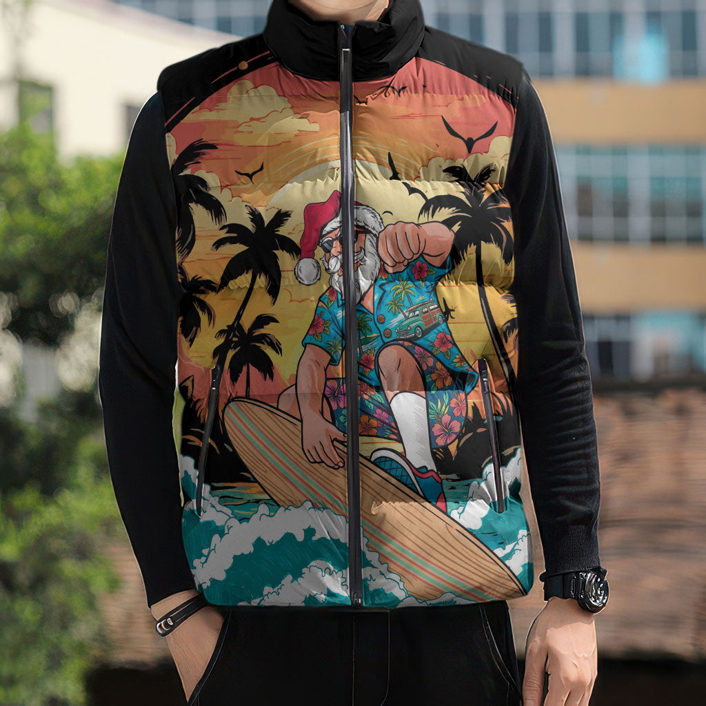 Vintage Santa Claus Surfing Summer Sleeveless Puffer Jacket Mele Kalikimaka i Iulai!