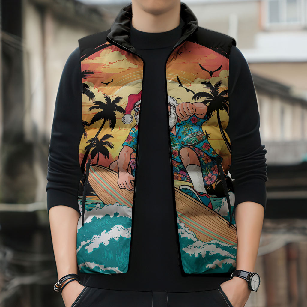 Vintage Santa Claus Surfing Summer Sleeveless Puffer Jacket Mele Kalikimaka i Iulai!