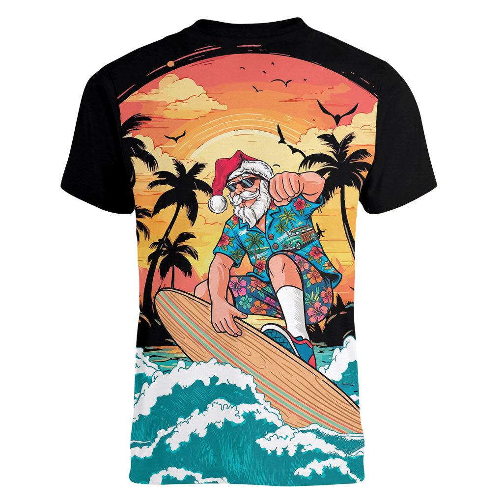Vintage Santa Claus Surfing Summer Women V-Neck T-Shirt Mele Kalikimaka i Iulai!