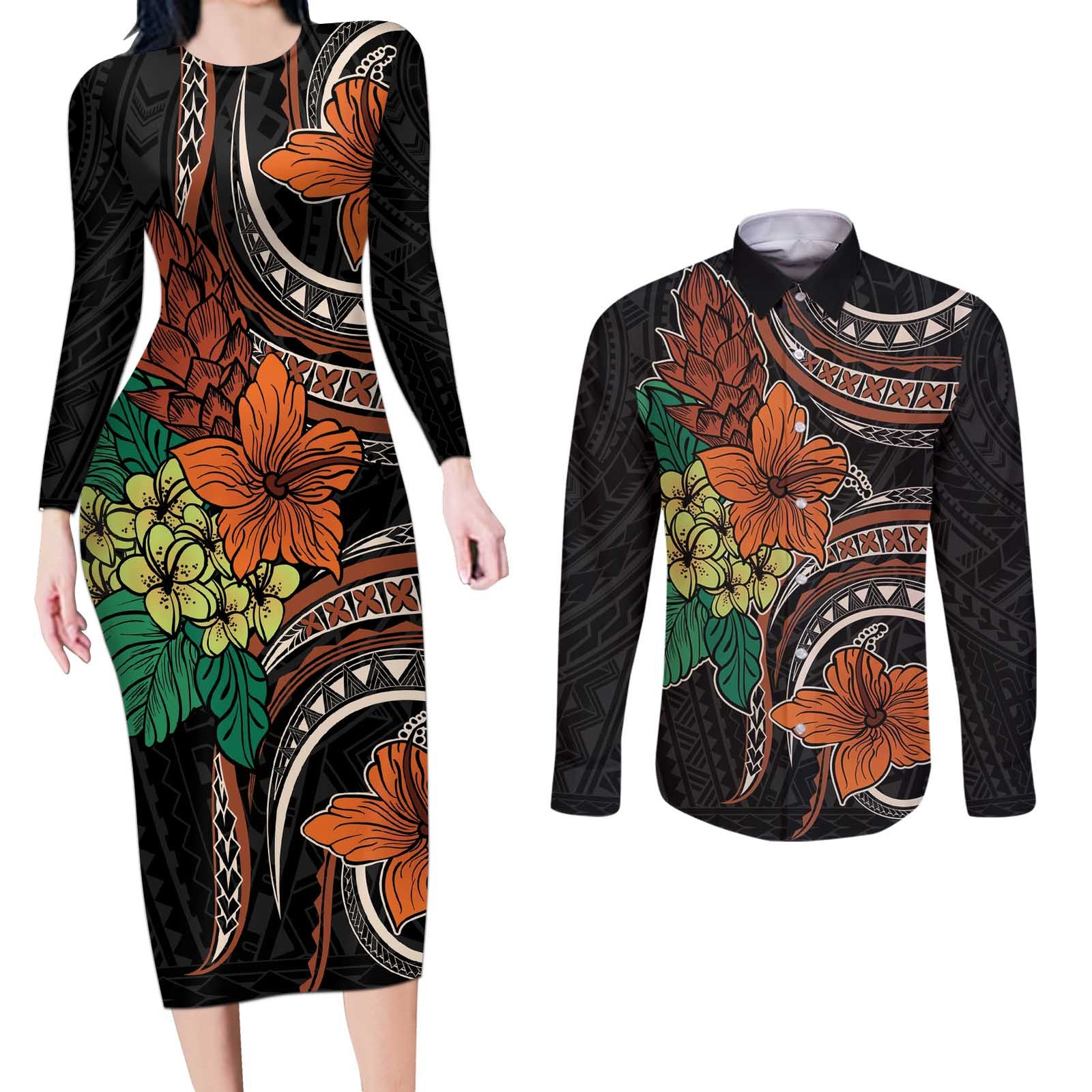 Vintage Hibiscus Pacific Floral Couples Matching Long Sleeve Bodycon Dress and Long Sleeve Button Shirt LT9 Black - Polynesian Pride