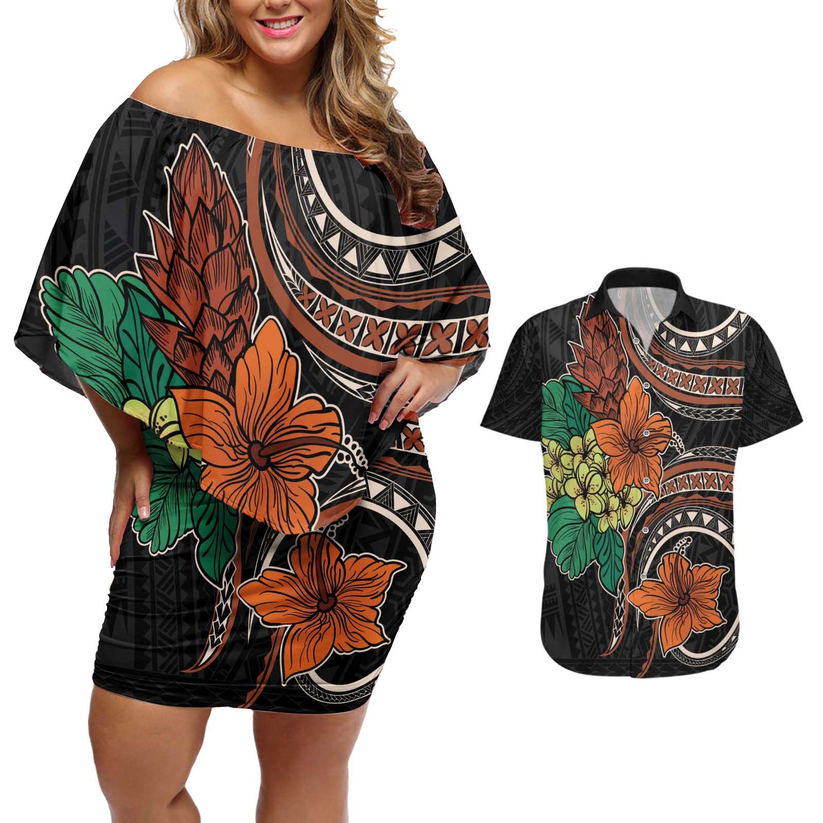 Vintage Hibiscus Pacific Floral Couples Matching Off Shoulder Short Dress and Hawaiian Shirt LT9 Black - Polynesian Pride