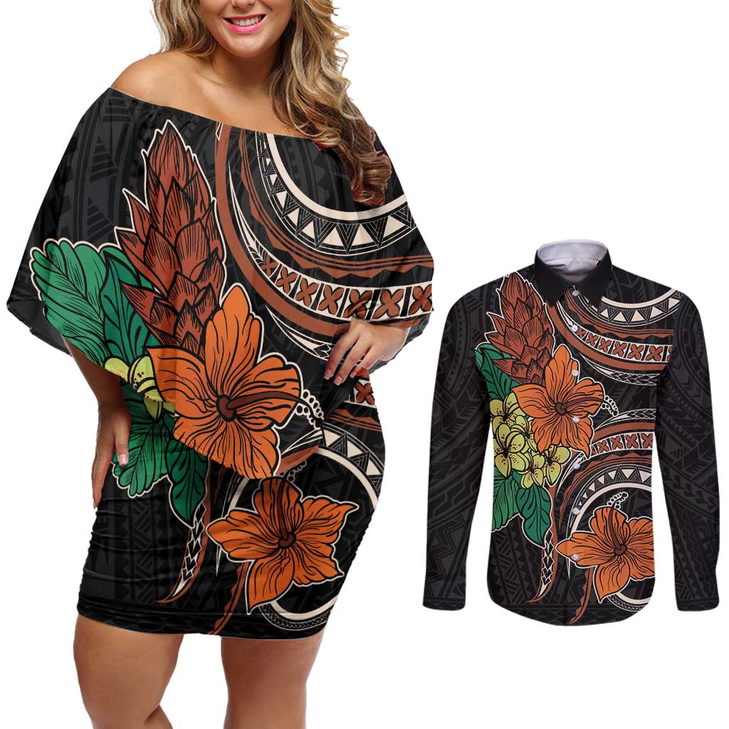 Vintage Hibiscus Pacific Floral Couples Matching Off Shoulder Short Dress and Long Sleeve Button Shirt LT9 Black - Polynesian Pride