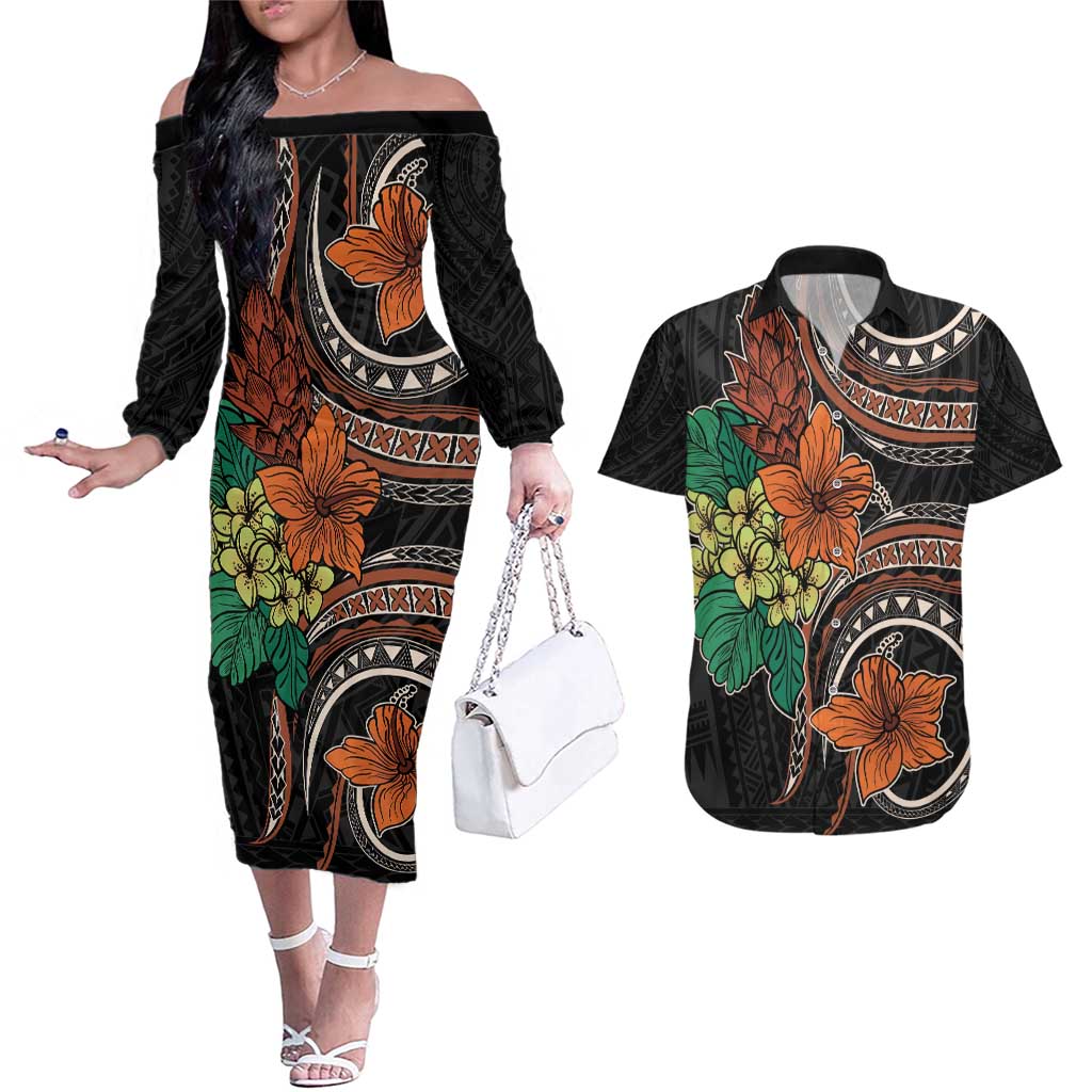 Vintage Hibiscus Pacific Floral Couples Matching Off The Shoulder Long Sleeve Dress and Hawaiian Shirt LT9 Black - Polynesian Pride