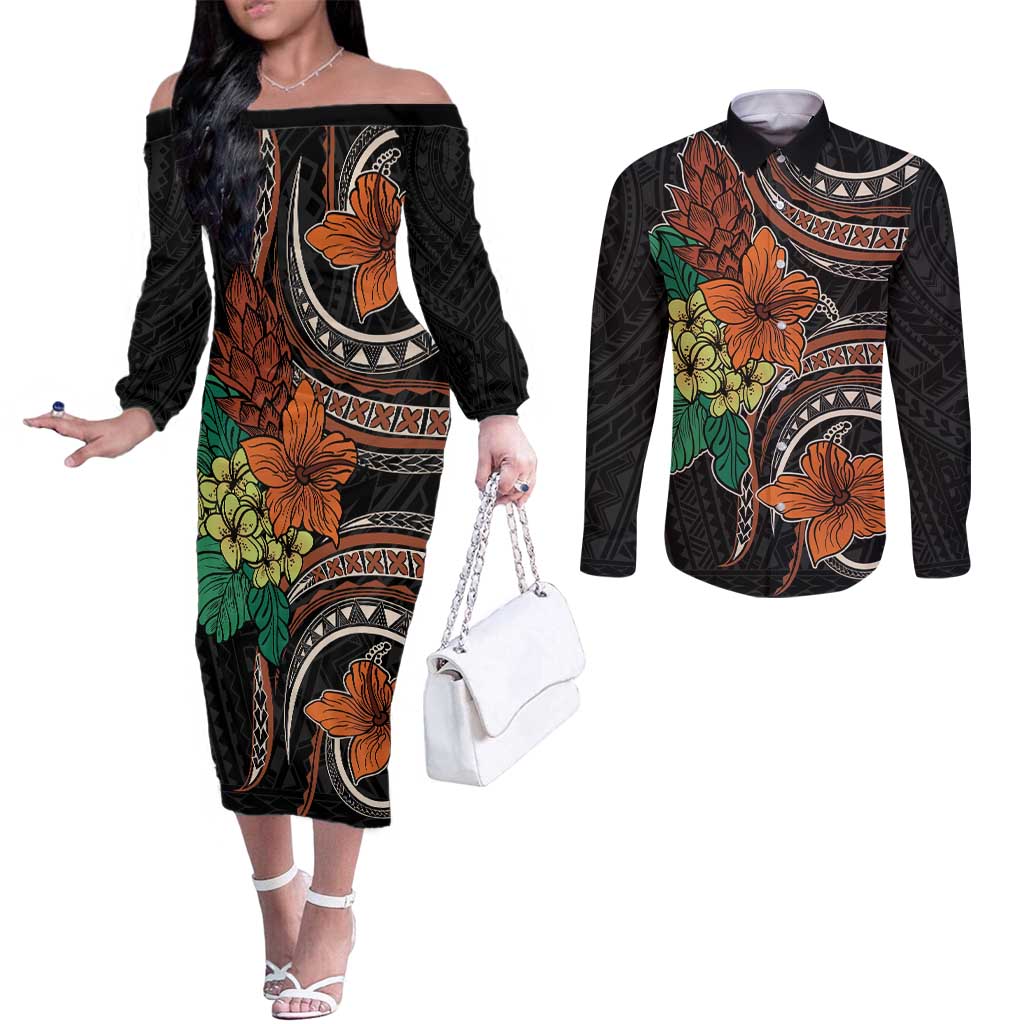 Vintage Hibiscus Pacific Floral Couples Matching Off The Shoulder Long Sleeve Dress and Long Sleeve Button Shirt
