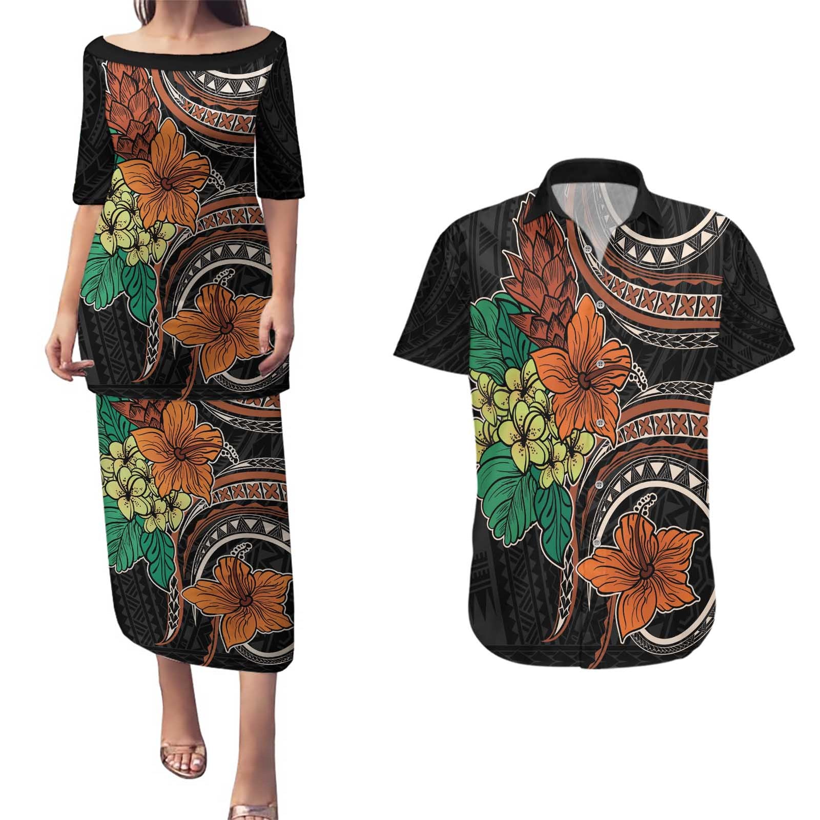 Vintage Hibiscus Pacific Floral Couples Matching Puletasi and Hawaiian Shirt LT9 Black - Polynesian Pride